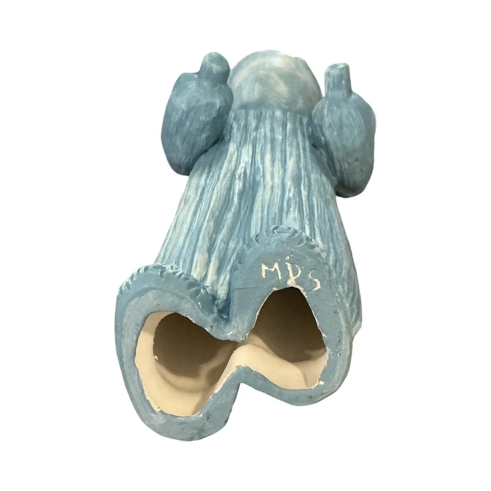 Vintage Ceramic Faceless Boy in Overalls Figurine Blue Grey Rustic Art 10.5